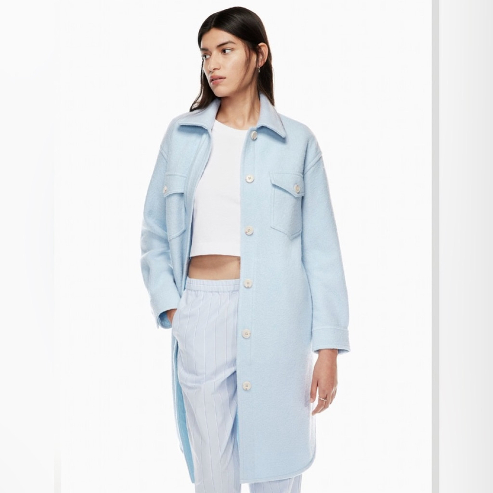 Aritzia Wilfred The Ganna Long Shirt Jacket XS Ice Blue Boiled Merino Wool